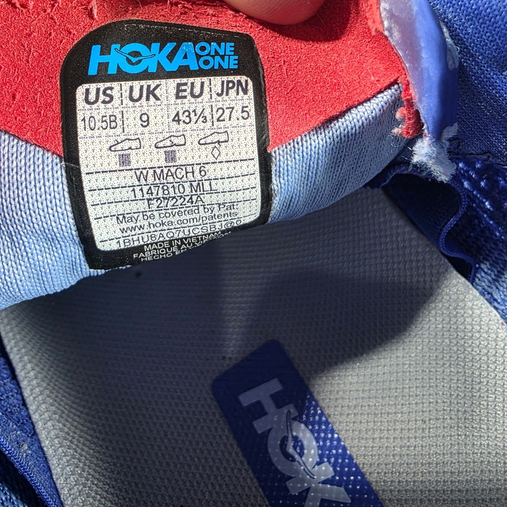 Hoka One One Mach 6 Blue Red Running Shoes 1147810 MLL Womens 10.5B - Picture 8 of 8